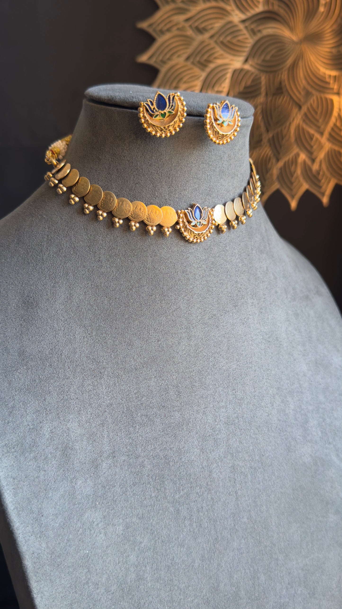 Crescent/ Diya Inspired Lotus Coin Necklace with Earrings Necklace Set South Indian jewelery