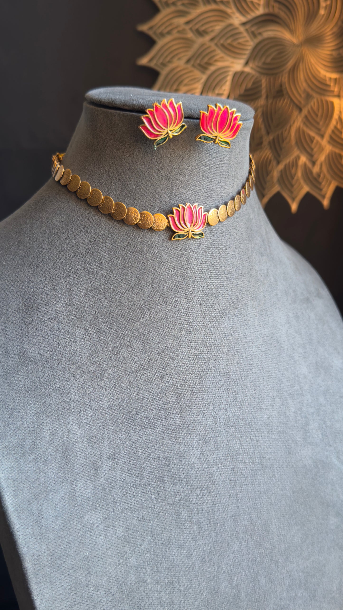 Coin decorated Lotus Necklace with Earrings Lotus Necklace Set South Indian jewelery