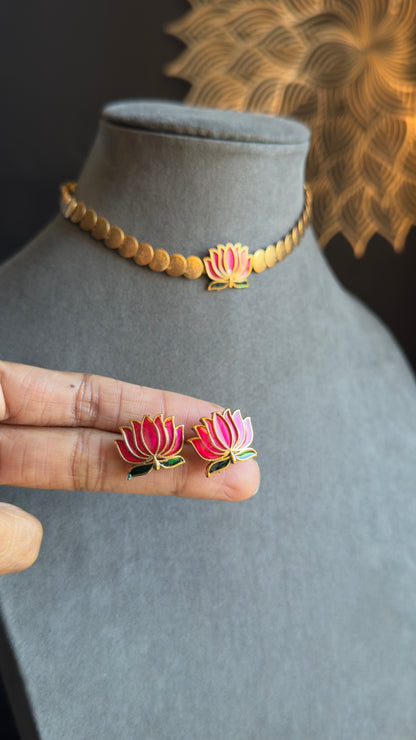 Coin decorated Lotus Necklace with Earrings Lotus Necklace Set South Indian jewelery