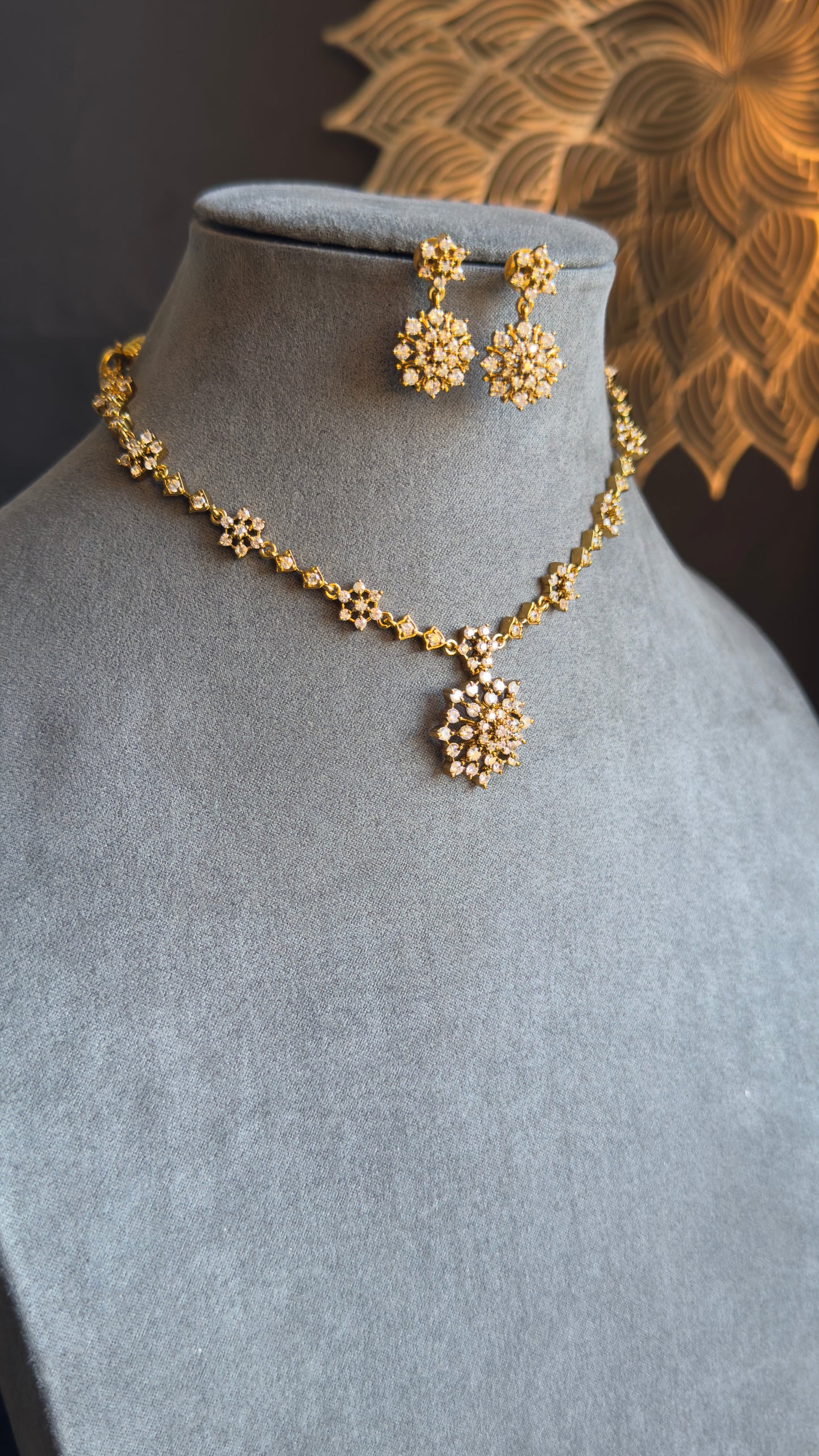 Matt Bronze Gold AD Flower Necklace set stud Earrings - AMERICAN DIAMOND