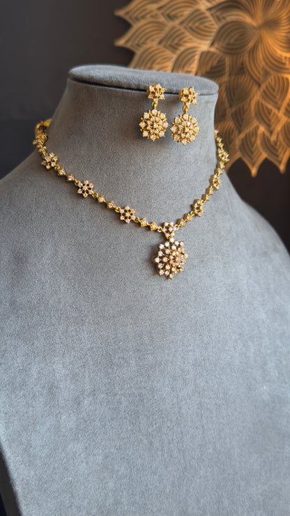 Matt Bronze Gold AD Flower Necklace set stud Earrings - AMERICAN DIAMOND