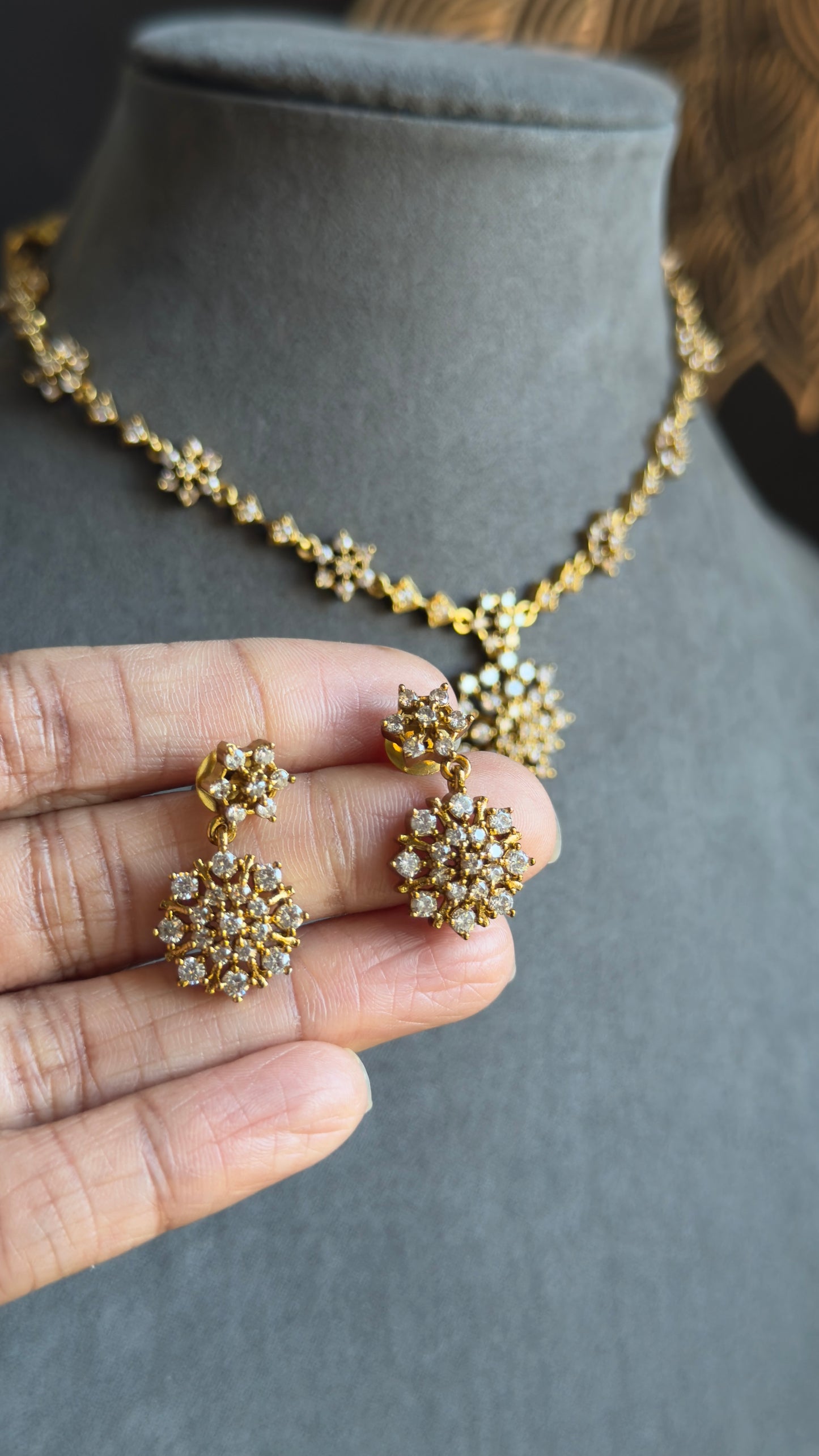 Matt Bronze Gold AD Flower Necklace set stud Earrings - AMERICAN DIAMOND