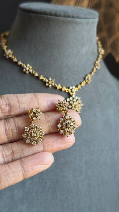 Matt Bronze Gold AD Flower Necklace set stud Earrings - AMERICAN DIAMOND