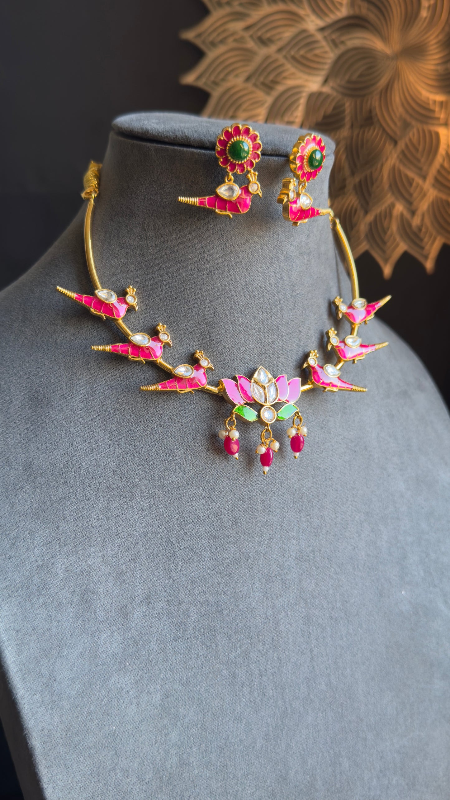Pink Hasli Necklace Set with Bird and Lotus Motifs - FUSION