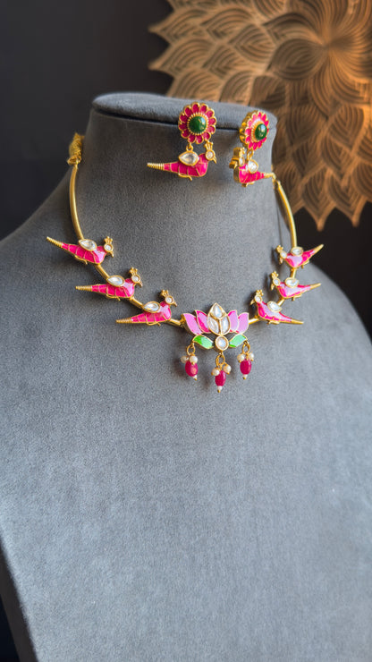 Pink Hasli Necklace Set with Bird and Lotus Motifs - FUSION