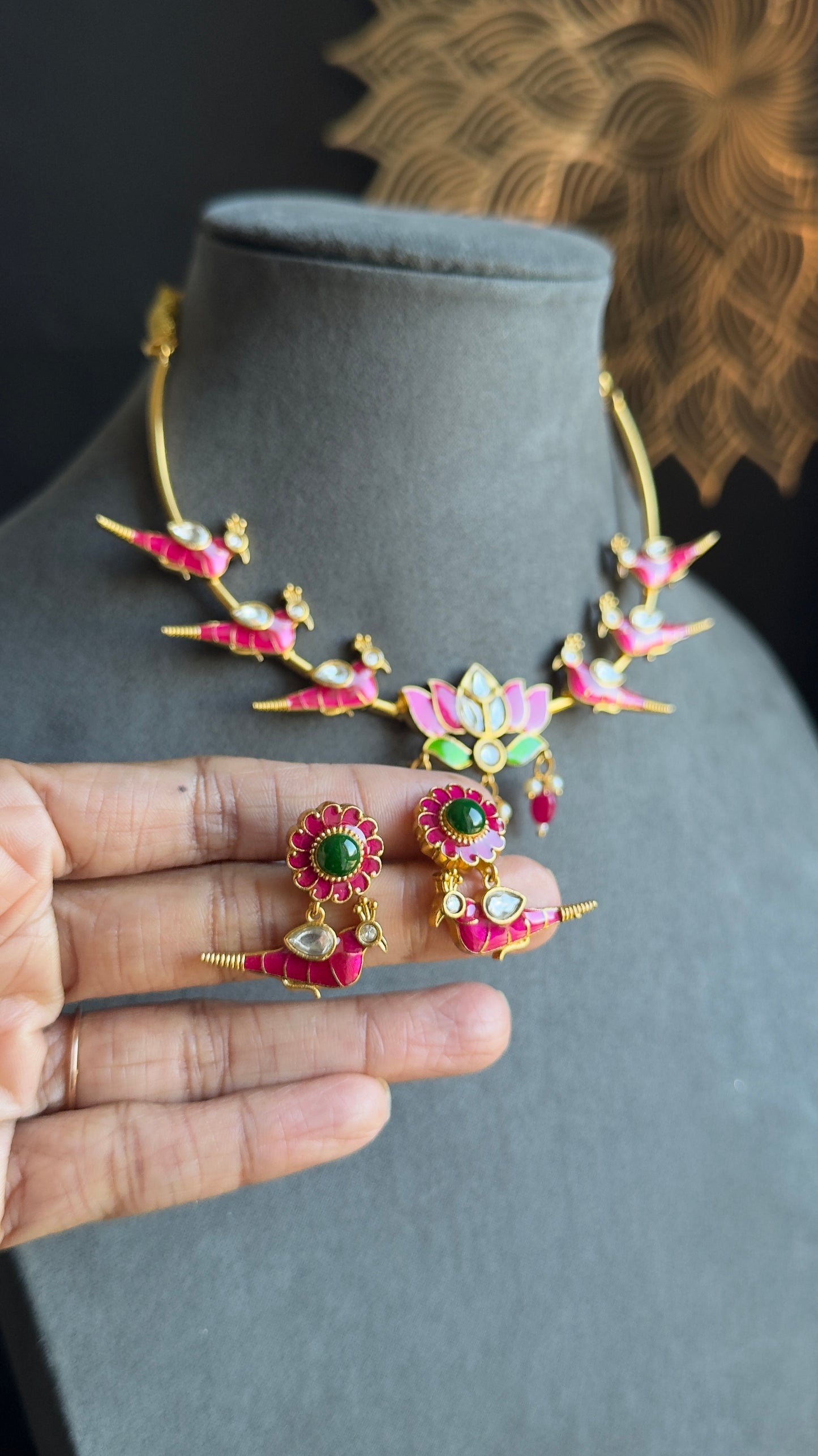Pink Hasli Necklace Set with Bird and Lotus Motifs - FUSION