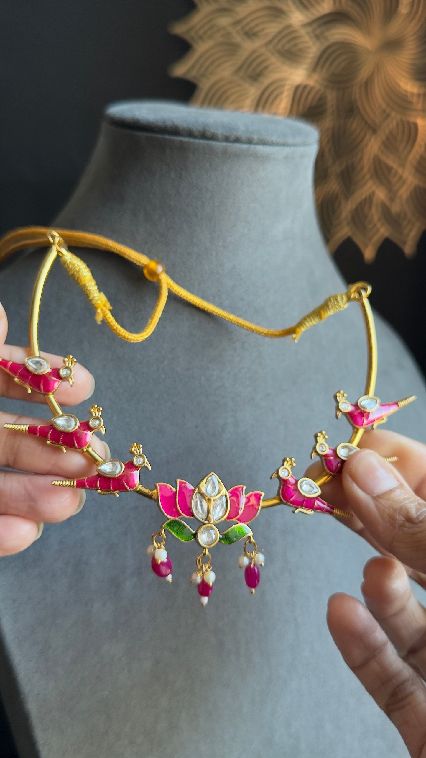 Pink Hasli Necklace Set with Bird and Lotus Motifs - FUSION