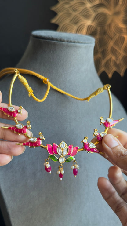 Pink Hasli Necklace Set with Bird and Lotus Motifs - FUSION
