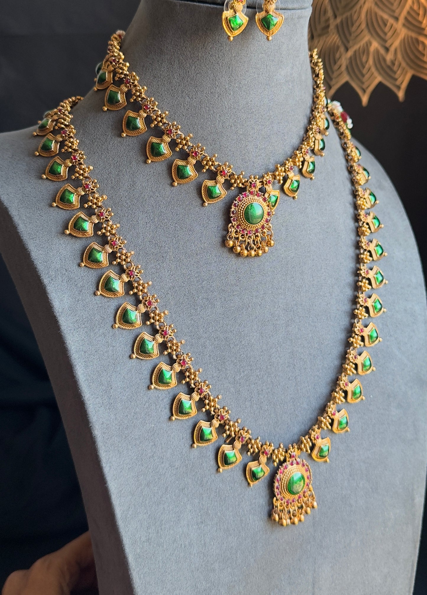 Bridal Set Long and short Palakka Kerala Manga palakka Neckpiece- Vine Gold South Indian jewelry long Necklace Set - TRADITIONAL- Vine Gold South Indian jewelry long Necklace Set - TRADITIONAL