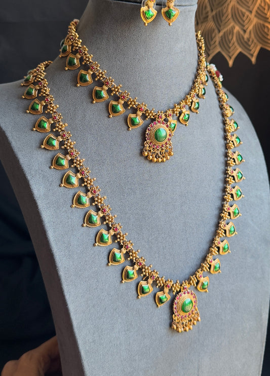 Bridal Set Long and short Palakka Kerala Manga palakka Neckpiece- Vine Gold South Indian jewelry long Necklace Set - TRADITIONAL- Vine Gold South Indian jewelry long Necklace Set - TRADITIONAL