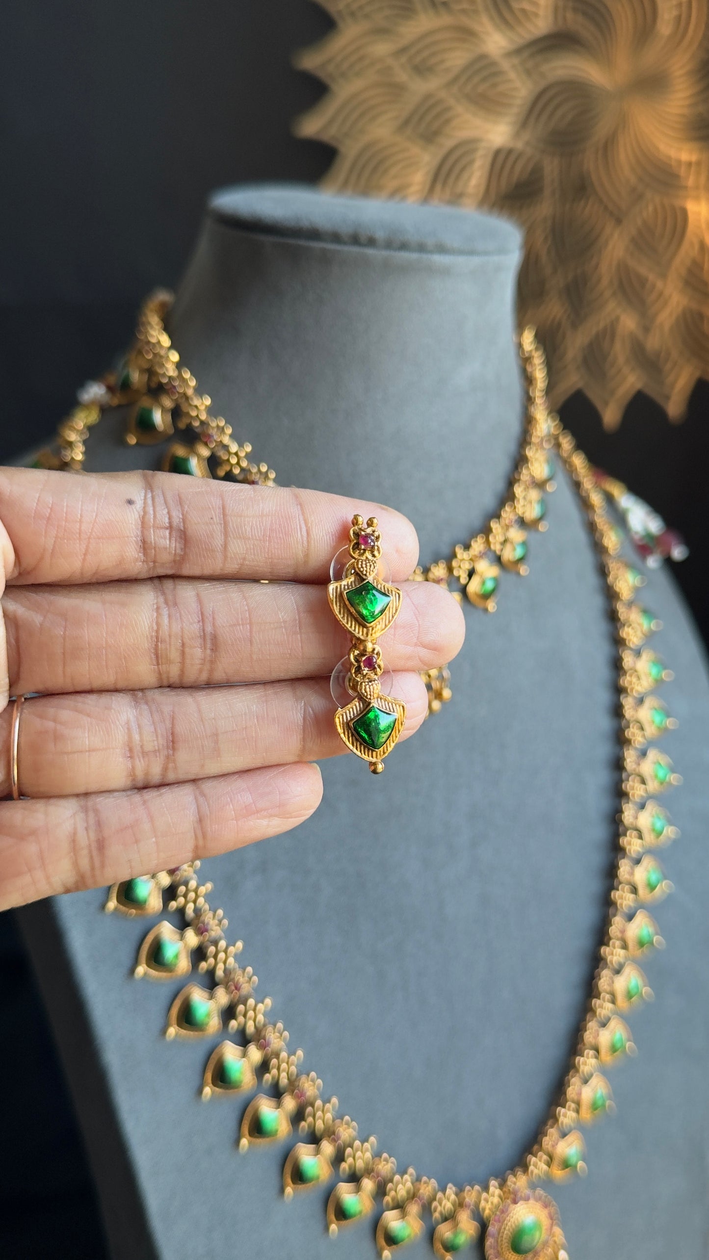 Bridal Set Long and short Palakka Kerala Manga palakka Neckpiece- Vine Gold South Indian jewelry long Necklace Set - TRADITIONAL- Vine Gold South Indian jewelry long Necklace Set - TRADITIONAL