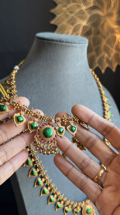 Bridal Set Long and short Palakka Kerala Manga palakka Neckpiece- Vine Gold South Indian jewelry long Necklace Set - TRADITIONAL- Vine Gold South Indian jewelry long Necklace Set - TRADITIONAL