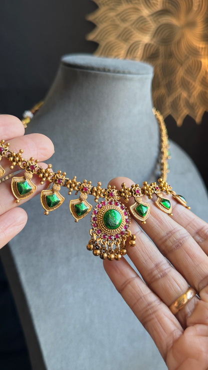 Bridal Set Long and short Palakka Kerala Manga palakka Neckpiece- Vine Gold South Indian jewelry long Necklace Set - TRADITIONAL- Vine Gold South Indian jewelry long Necklace Set - TRADITIONAL