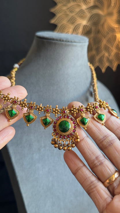 Bridal Set Long and short Palakka Kerala Manga palakka Neckpiece- Vine Gold South Indian jewelry long Necklace Set - TRADITIONAL- Vine Gold South Indian jewelry long Necklace Set - TRADITIONAL