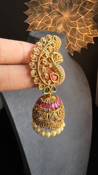 Peacock-Inspired Top Jhumka Earrings   - TRADITIONAL