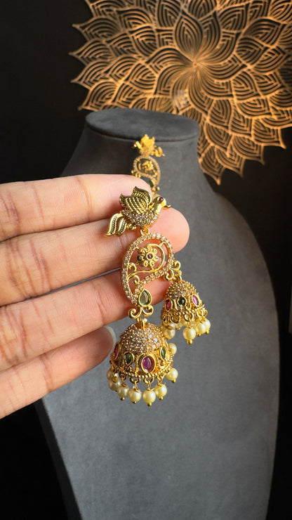 Gold Peacock Double Jhumka Earrings - TRADITIONAL