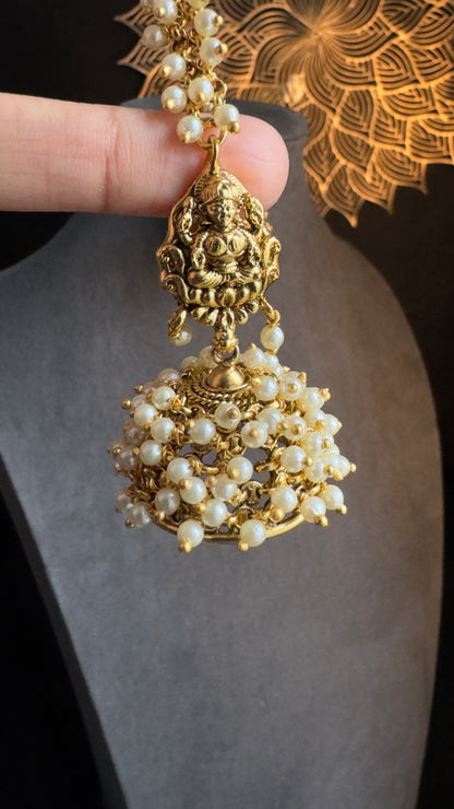 Goddess Cluster Pearl Jhumka with Ear Chain - TEMPLE