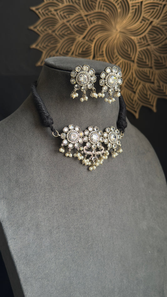 Flower Inspired German Silver Oxidized Necklace - SILVER