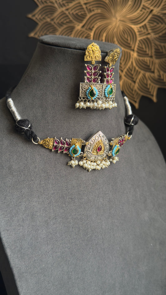 Unique Handmade Indo western Dual-Tone Silver Indian Jewelry Choker Set | German silver necklace set