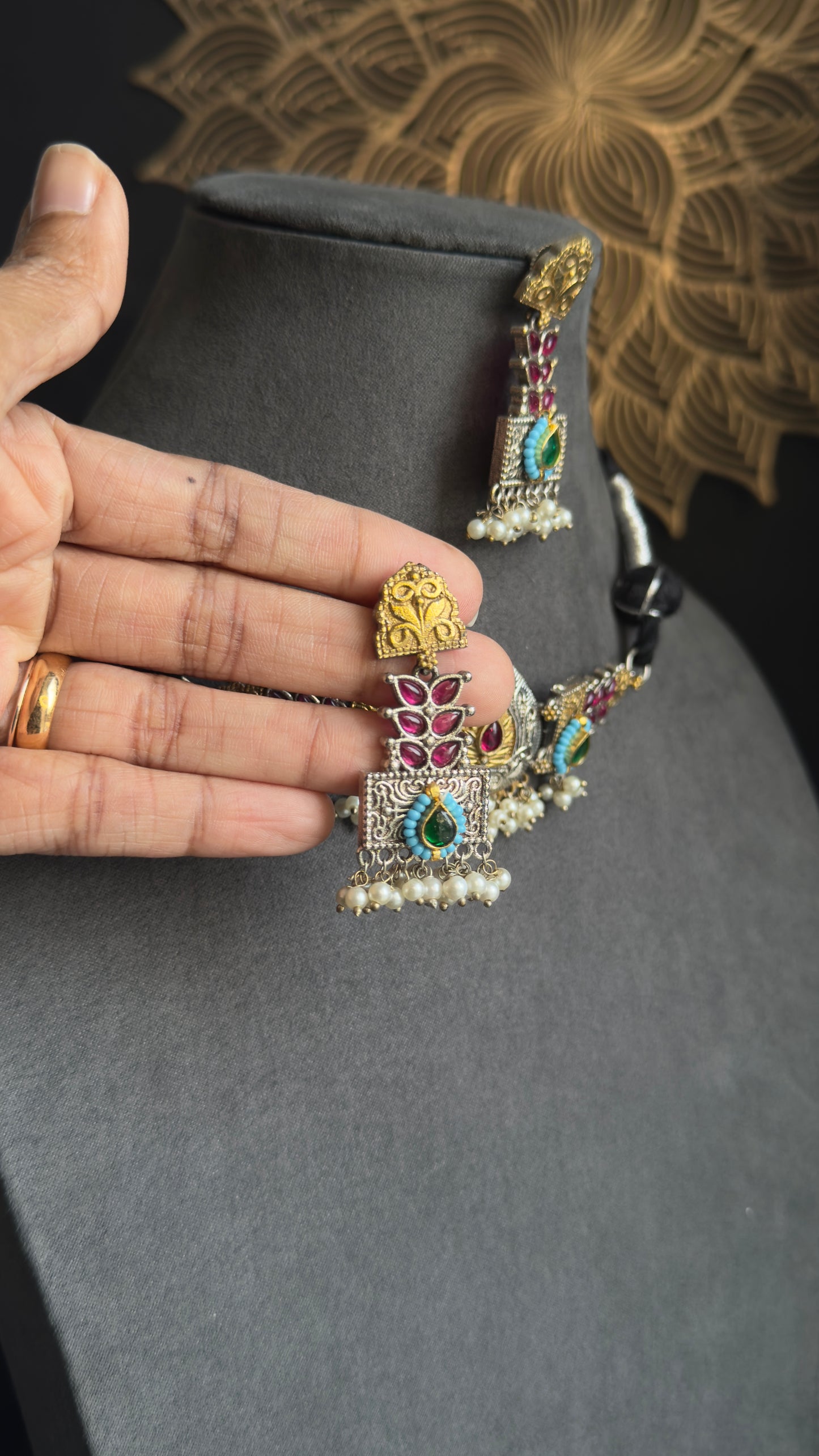 Unique Handmade Indo western Dual-Tone Silver Indian Jewelry Choker Set | German silver necklace set