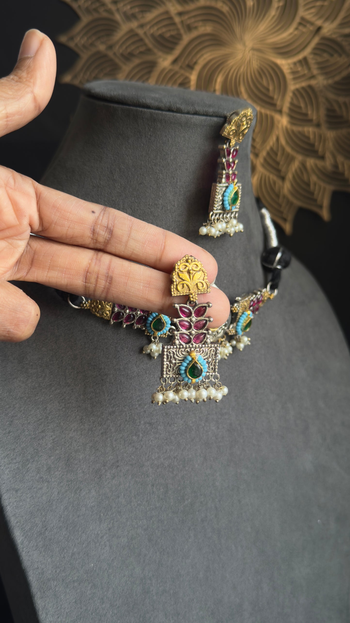 Unique Handmade Indo western Dual-Tone Silver Indian Jewelry Choker Set | German silver necklace set