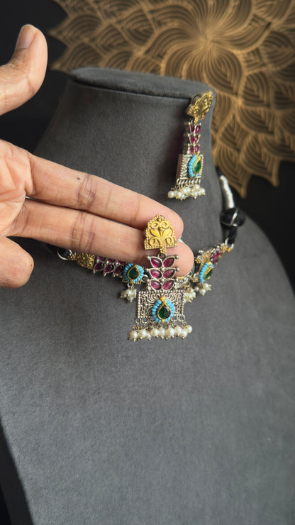 Unique Handmade Indo western Dual-Tone Silver Indian Jewelry Choker Set | German silver necklace set