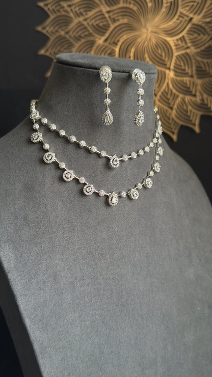2 layer Tear drop Chic Silver Necklace Set dangler earrings- INDO WESTERN