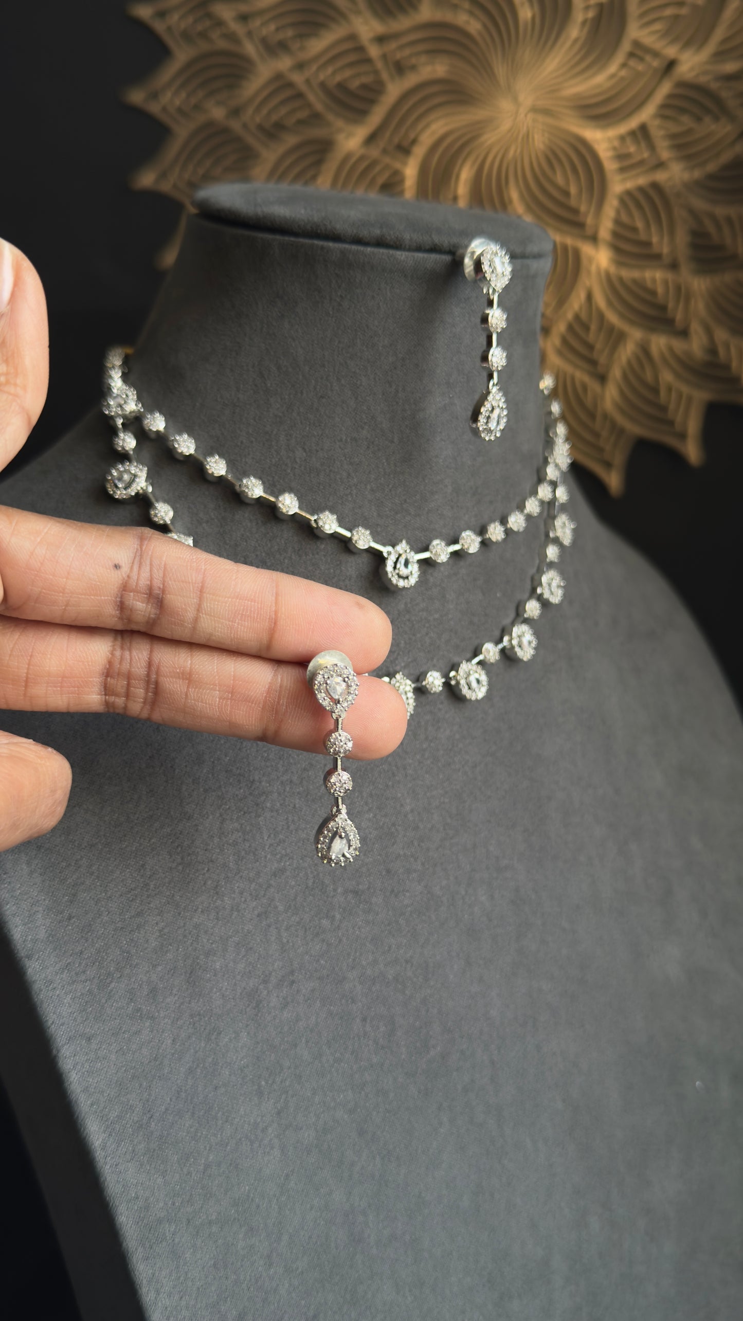 2 layer Tear drop Chic Silver Necklace Set dangler earrings- INDO WESTERN