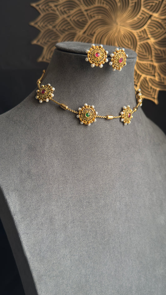 Best selling Closed neck Delicate chakra Ruby Pearl south Indian Necklace Set earring - FUSION