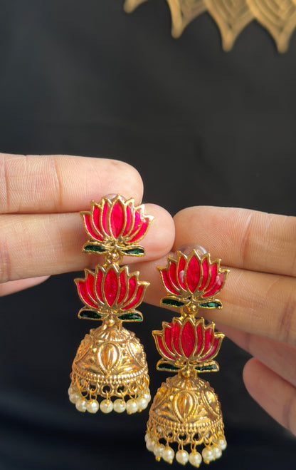 Lotus kemp jhumka earrings with pearl drops – South Indian temple jewellery