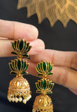 Traditional lotus green jhumka earrings featuring pearl drops and red detailing