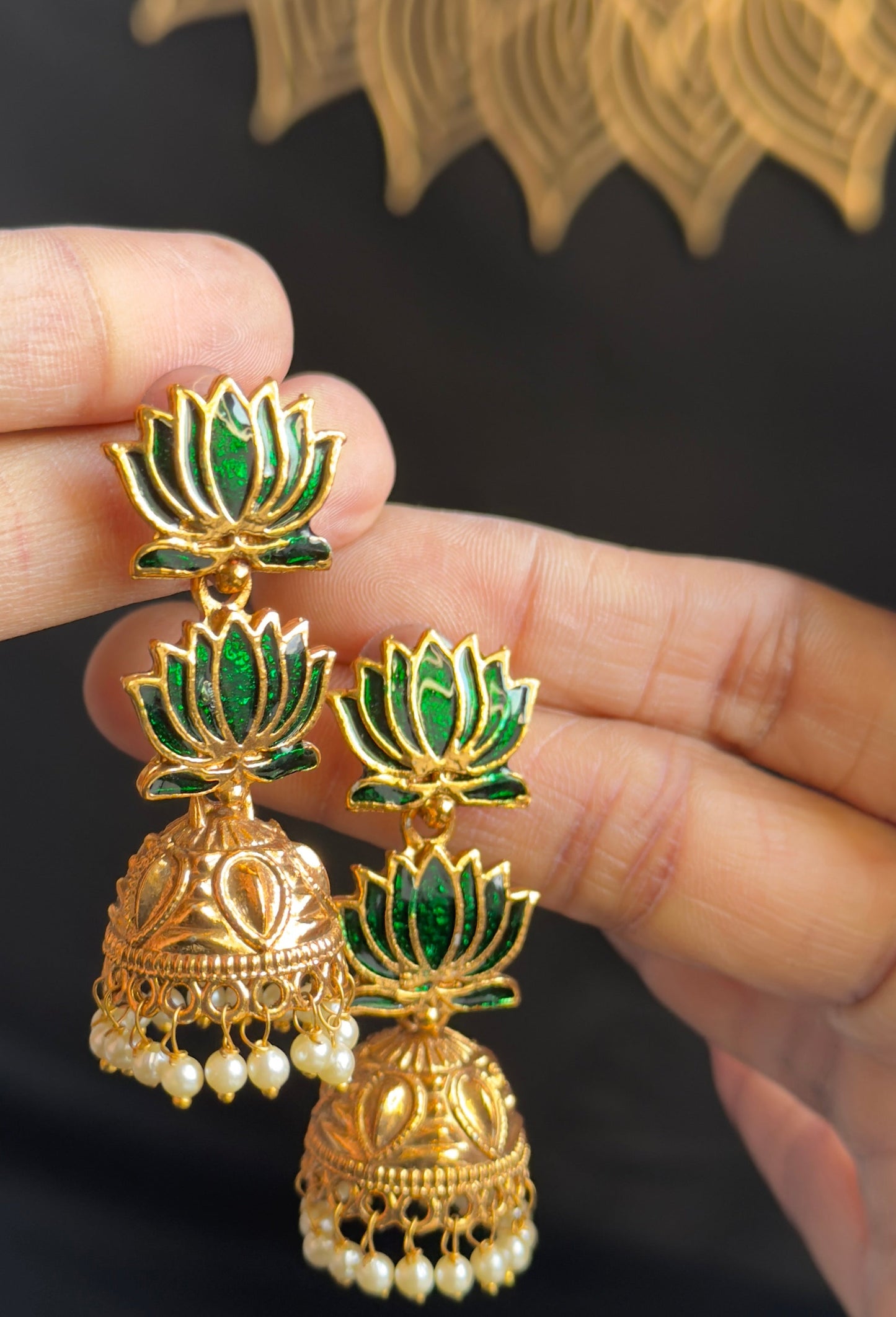 Lotus Enamel Jhumka Earrings with Pearl Drops – South Indian Jewellery UK