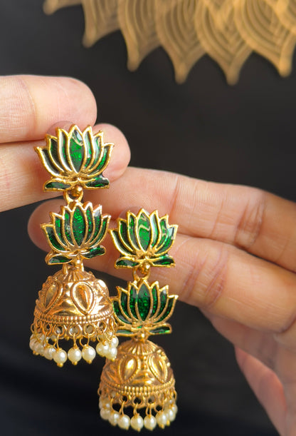Lotus Enamel Jhumka Earrings with Pearl Drops – South Indian Jewellery UK
