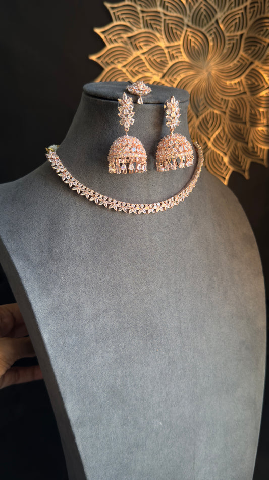 Rosegold Necklace Set with Jhumka & Tikka | CZ Stones - INDO WESTERN