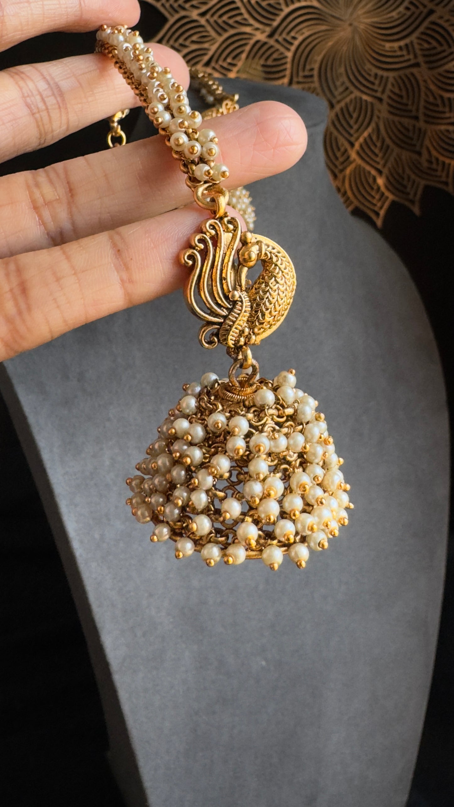 Peacock Cluster Pearl Jhumka with Ear Chain - TRADITIONAL