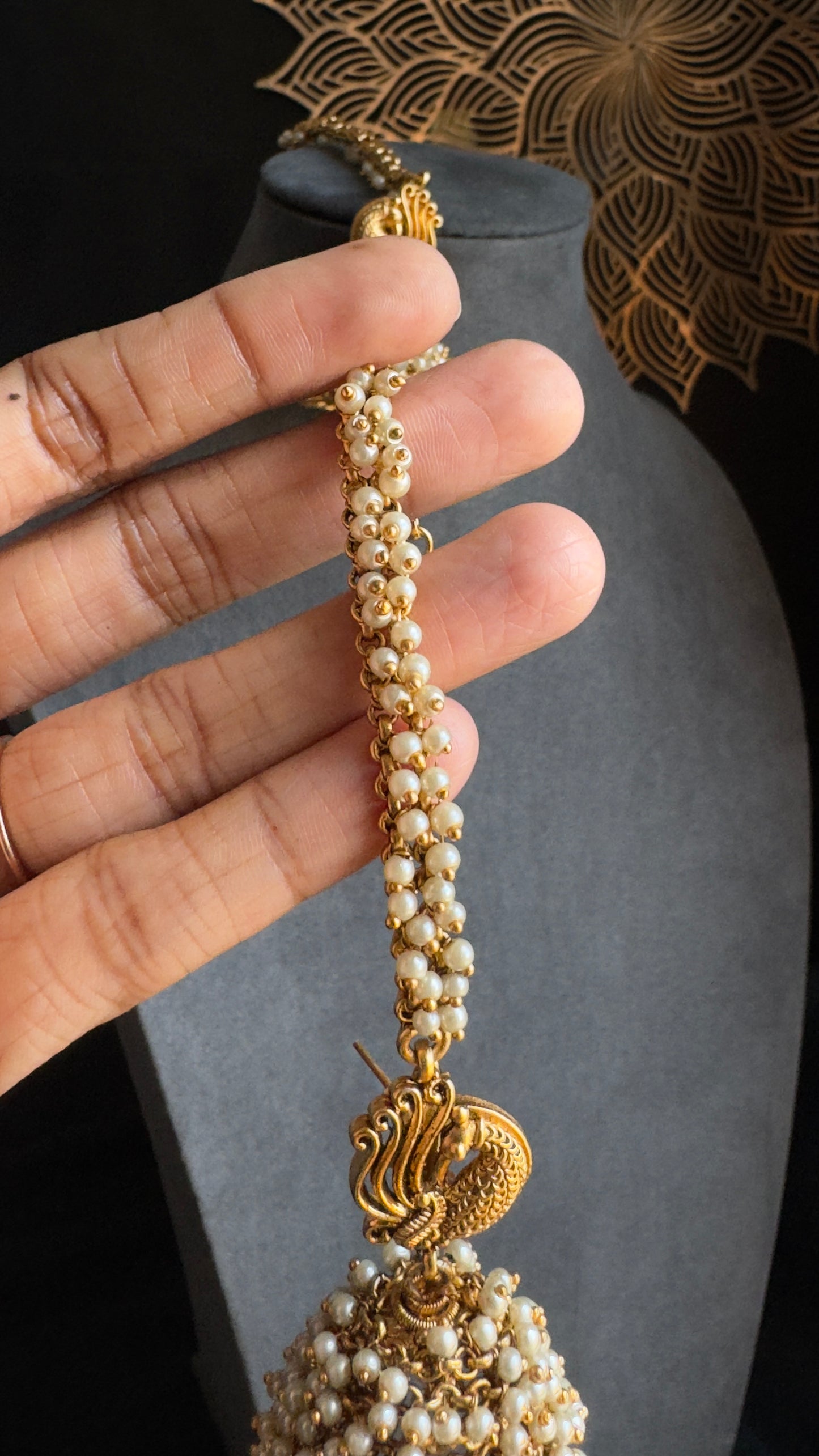 Peacock Cluster Pearl Jhumka with Ear Chain - TRADITIONAL