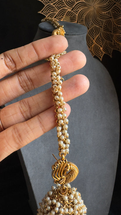 Peacock Cluster Pearl Jhumka with Ear Chain - TRADITIONAL