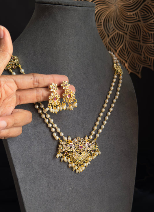 2 line Pearl Long Pendant Haar Set - TRADITIONAL