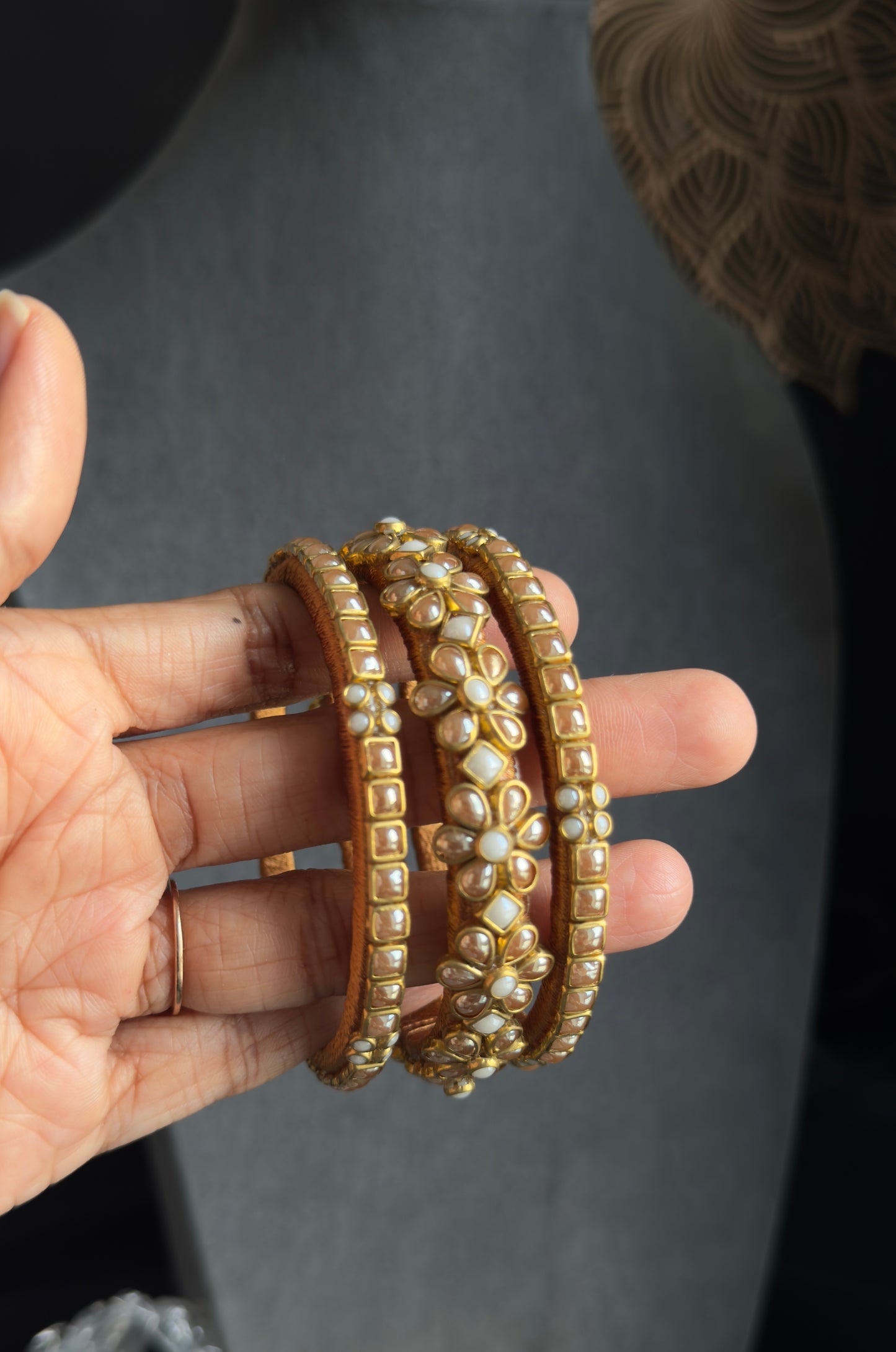 Gold Silk Thread Kundan Bangle - FUSION