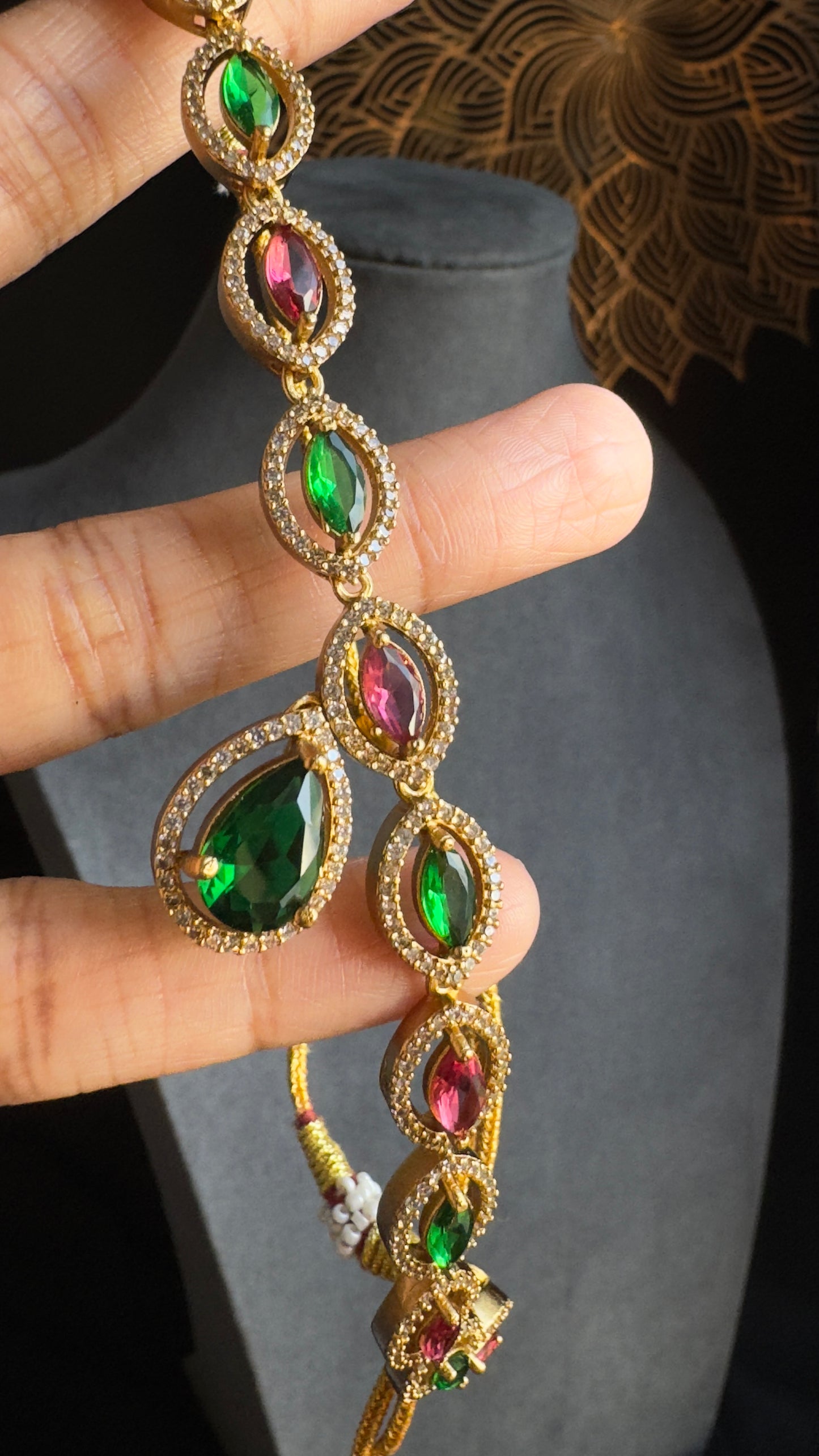 Tear drop American Diamond Necklace Set Ruby Emerald Accents - Indian Jewelry