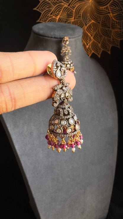 Victorian-Style Elephant and Peacock Jhumka Earrings Pearl Accents - TRADITIONAL