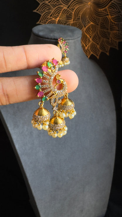 Gold Peacock Triple Jhumka Earrings - FUSION