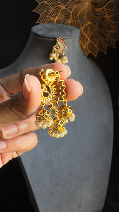 Gold Peacock Triple Jhumka Earrings - FUSION