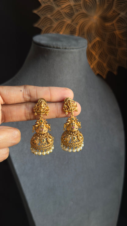 Antique Nakshi Step Matt Gold Jhumka - TEMPLE