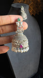 Peacock Silver Jhumki, Ruby & Pearl - TRADITIONAL