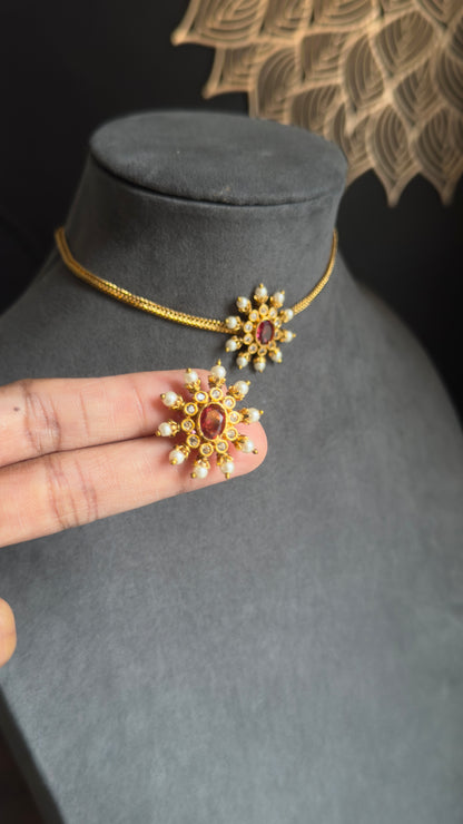 Chakra Pendant Gold Indian Necklace with Stud Earrings