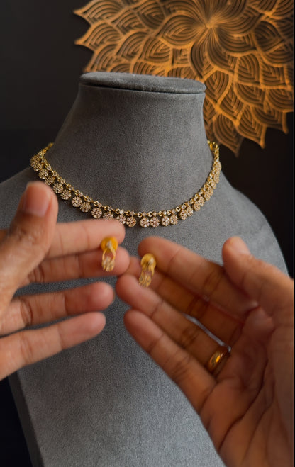 AD multi drops lightweight Gold Necklace and stud Earring