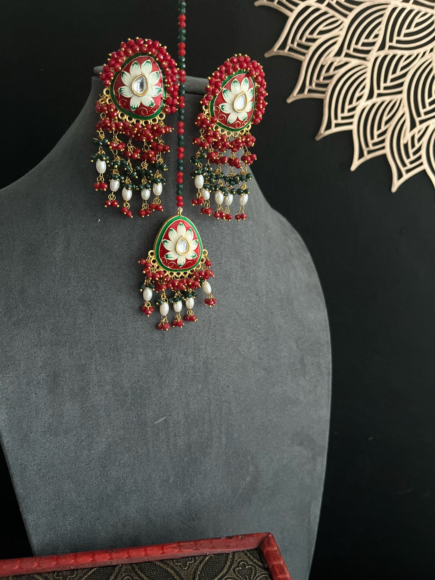 Unique Hand-Painted Meenakari Beaded Earrings | Mehendi Party Jewelry | Pearl Earrings Tikka Set