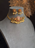 Peacock Floral Gold Choker with Ruby Kemp Stones - TRADITIONAL