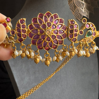 Peacock Floral Gold Choker with Ruby Kemp Stones - TRADITIONAL